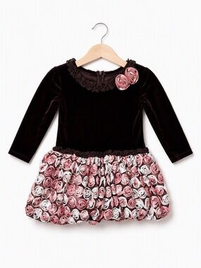 Bonnie Jean Brown Velvet Long Sleeve 3D Pink Rosette Bubble Hem Dress 3T